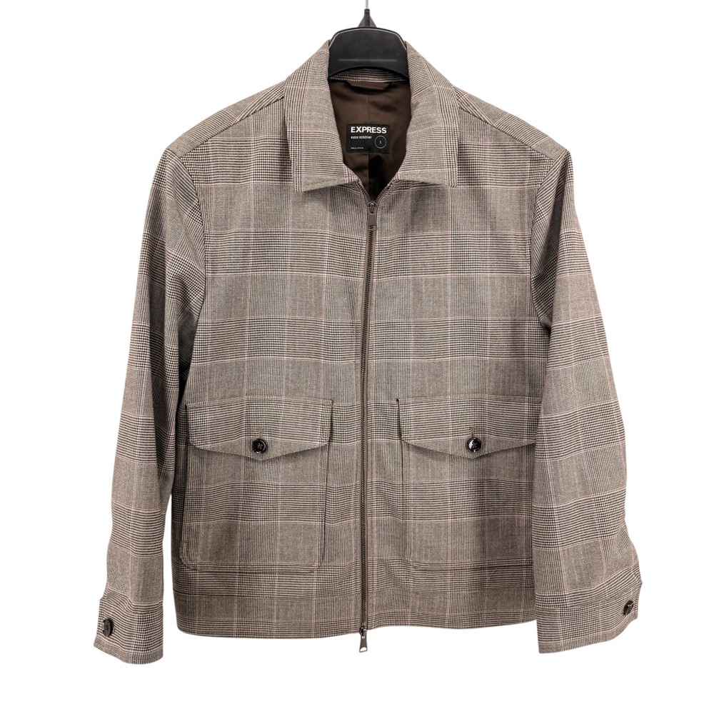 Express Harrington Jacket Mens Large Pre-Owned Brown Glen Plaid Water Resistant